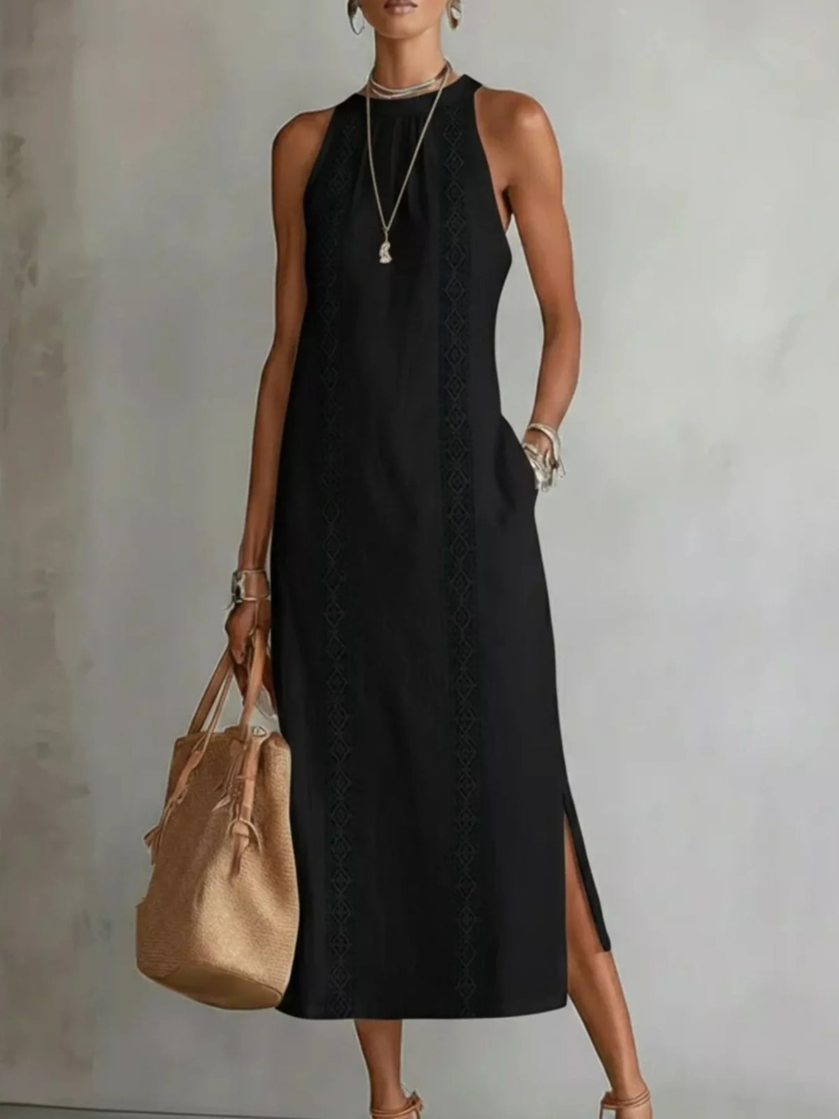 Full Size Sleeveless Lace Trim Midi Dress Plus Size
