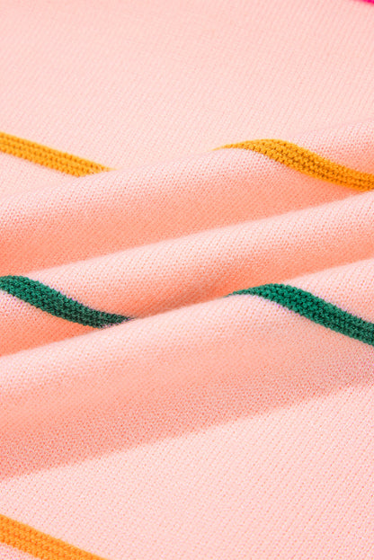 Pink Colorblock Striped Half Sleeve Drop Shoulder Sweater