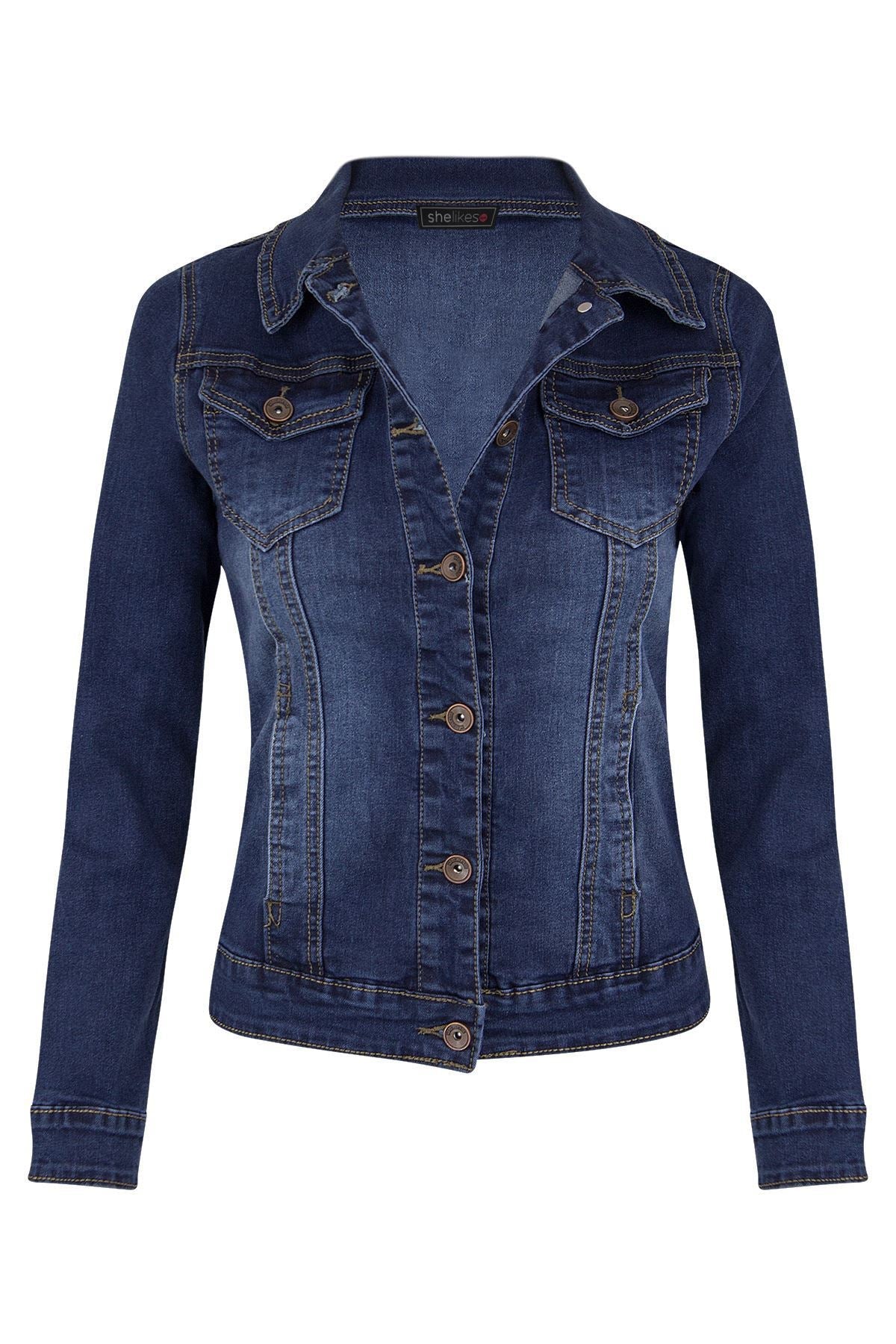 Short Biker Stretch Denim Jacket Navy Blue