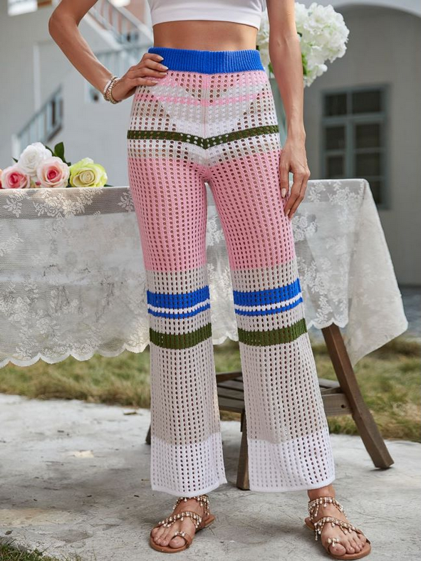 Knitted Mid-Waist Straight Casual Crochet Pants Pink