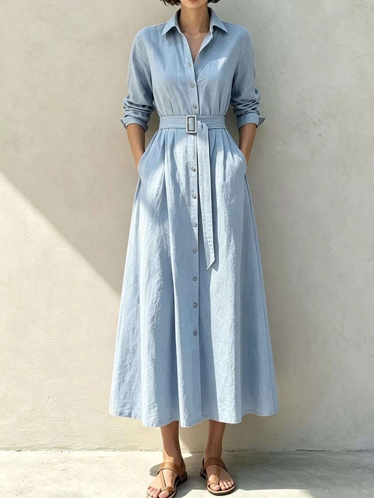 Button-Down Midi Shirt Dress with Pockets
