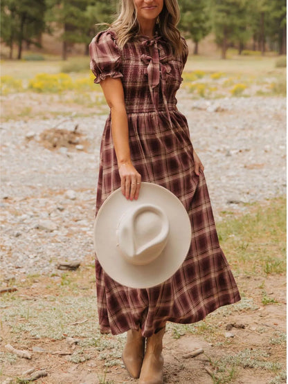 Plaid Knot Front Smocked High Waist Midi Dress