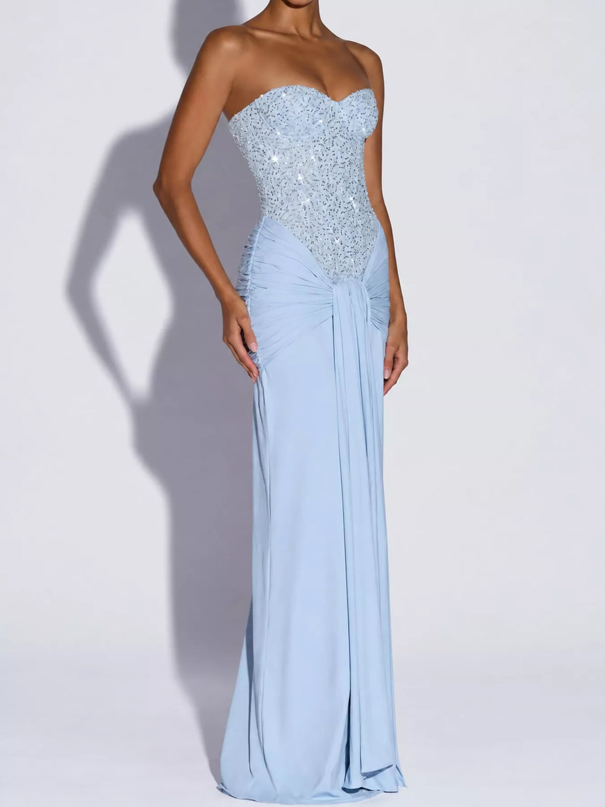 Elegant Strapless Sequin Corset Maxi Dress with Draped Waist Detail