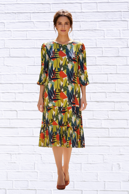 Women’s Abstract Leaf Print Woven Midi Dress – 3/4 Sleeve Tiered Hem Casual Chic Dres