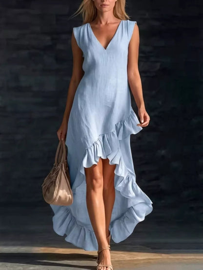 Full Size V-Neck Ruffle Hem High-Low Dress Plus Size
