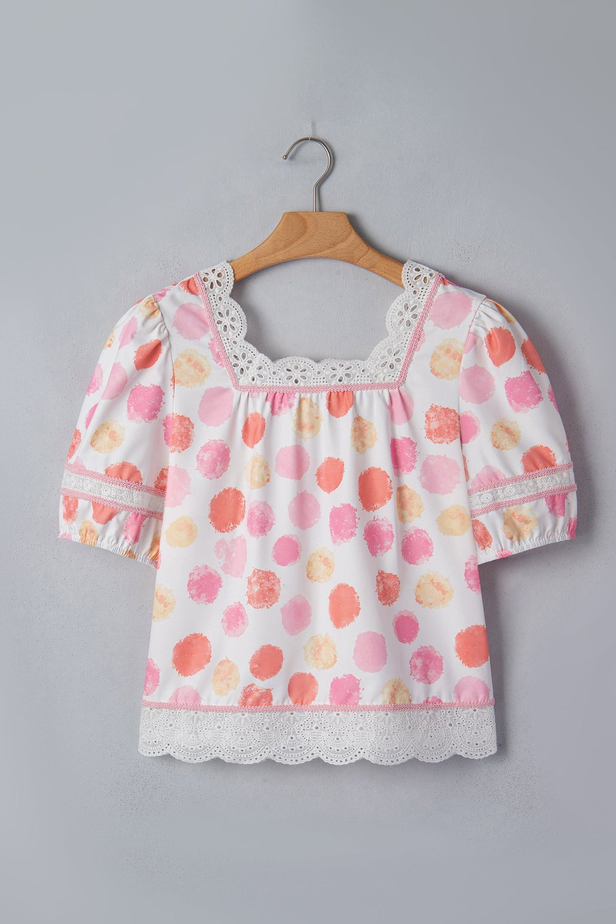 Pink Polka Dot Lace Trim Square Neck Puff Sleeve Blouse
