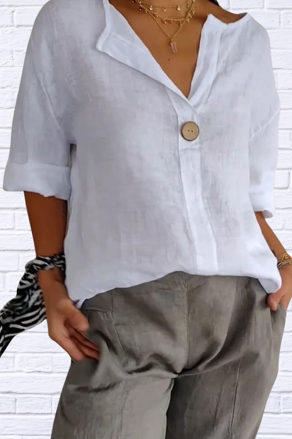 Full Size Linen Blend Notched Blouse Plus Size White
