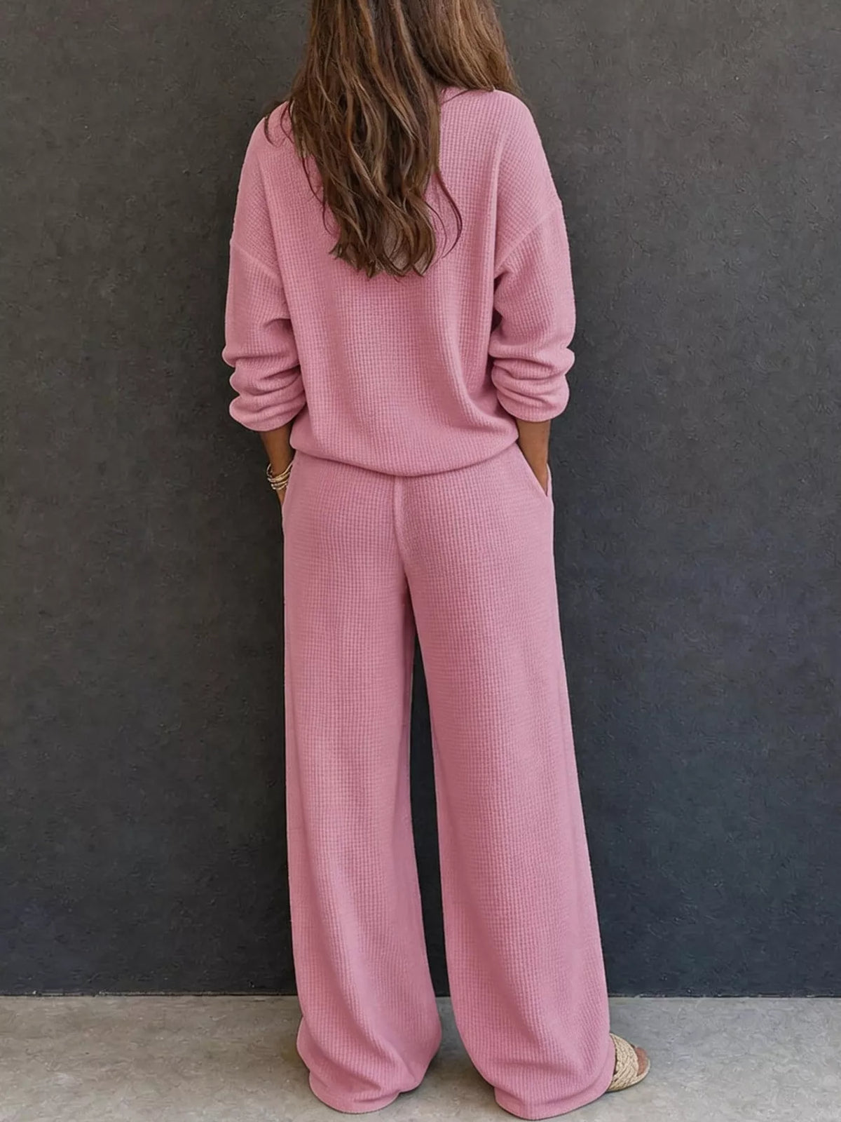 Women’s Waffle Knit Two-Piece Pants Set – Button-Front Top & Wide-Leg Pants