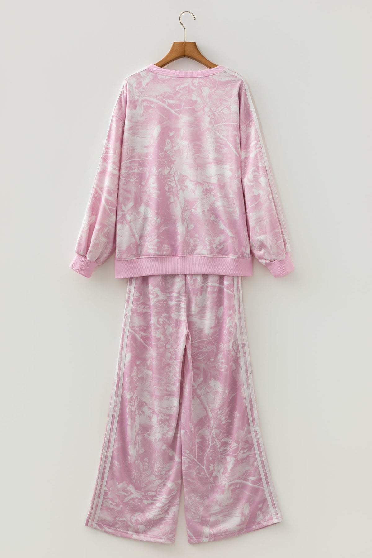 Pink Abstract Print Side Stripe Detail Long Sleeve Top Loose Pants Set