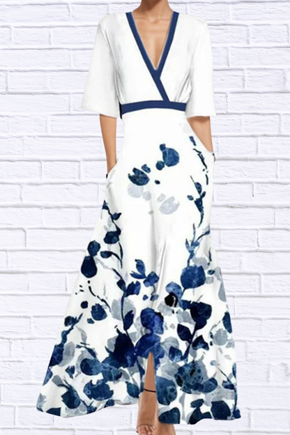 Floral Print Half Sleeve Maxi Dress White