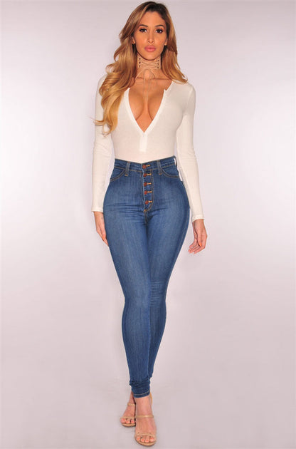 High Waist Stretch Slim Denim Skinny Pants Denim Blue