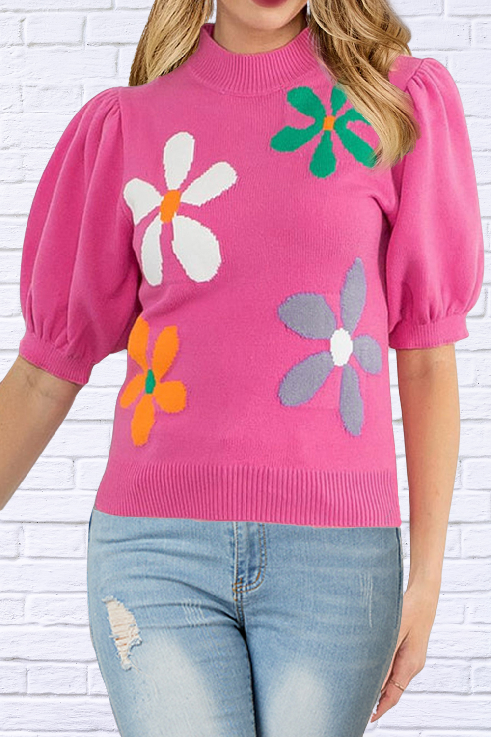 Flower Mock Neck Short Sleeve Sweater Pink