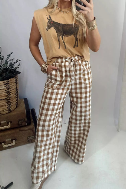 Gingham Plaid Tie Elastic Waist Shift Pants