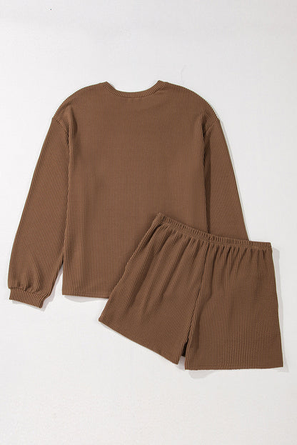 Chestnut Twisted Ribbed Sequin Mallard Graphic Long Sleeve Top and Short Set