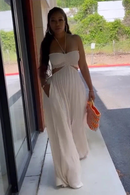 Halter Ruched Ruffle Cut Out Oversized Wide Leg Jumpsuit White