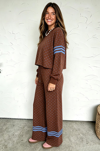 Brown Polka Dot Print Colorblock Stripes Detail Relaxed 2pcs Pant Set