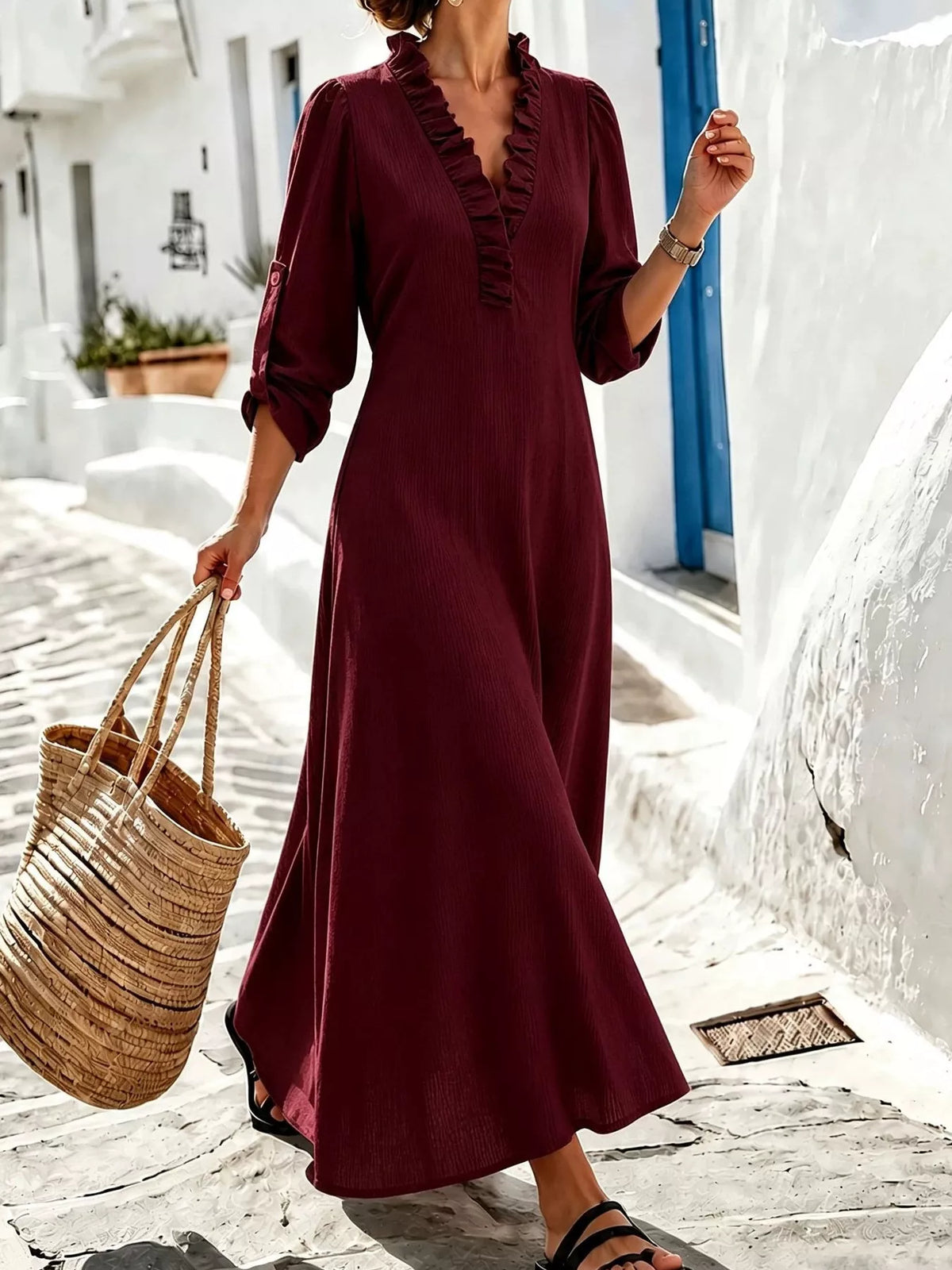 Plus Size V-Neck Maxi Dress with Roll-Up Sleeves