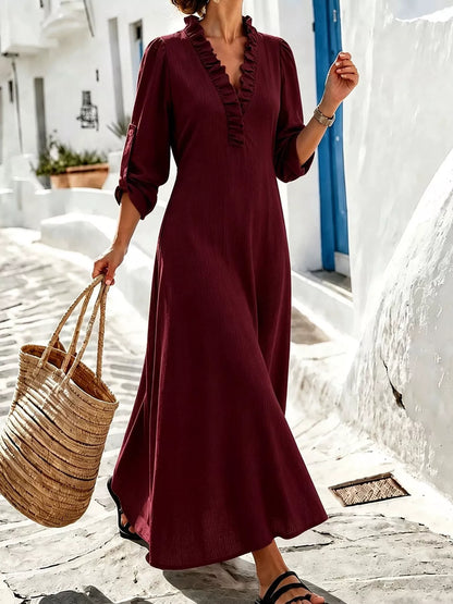 Plus Size V-Neck Maxi Dress with Roll-Up Sleeves