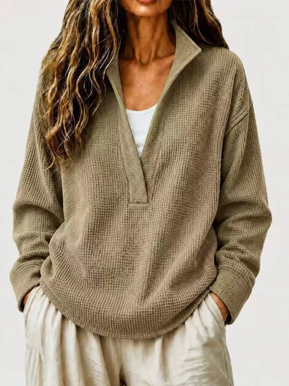 Full Size Waffle Knit Dropped Shoulder Sweatshirt Plus Size