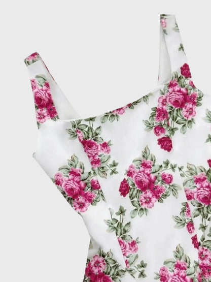 Pleated Floral Print Square Neck Mini Dress