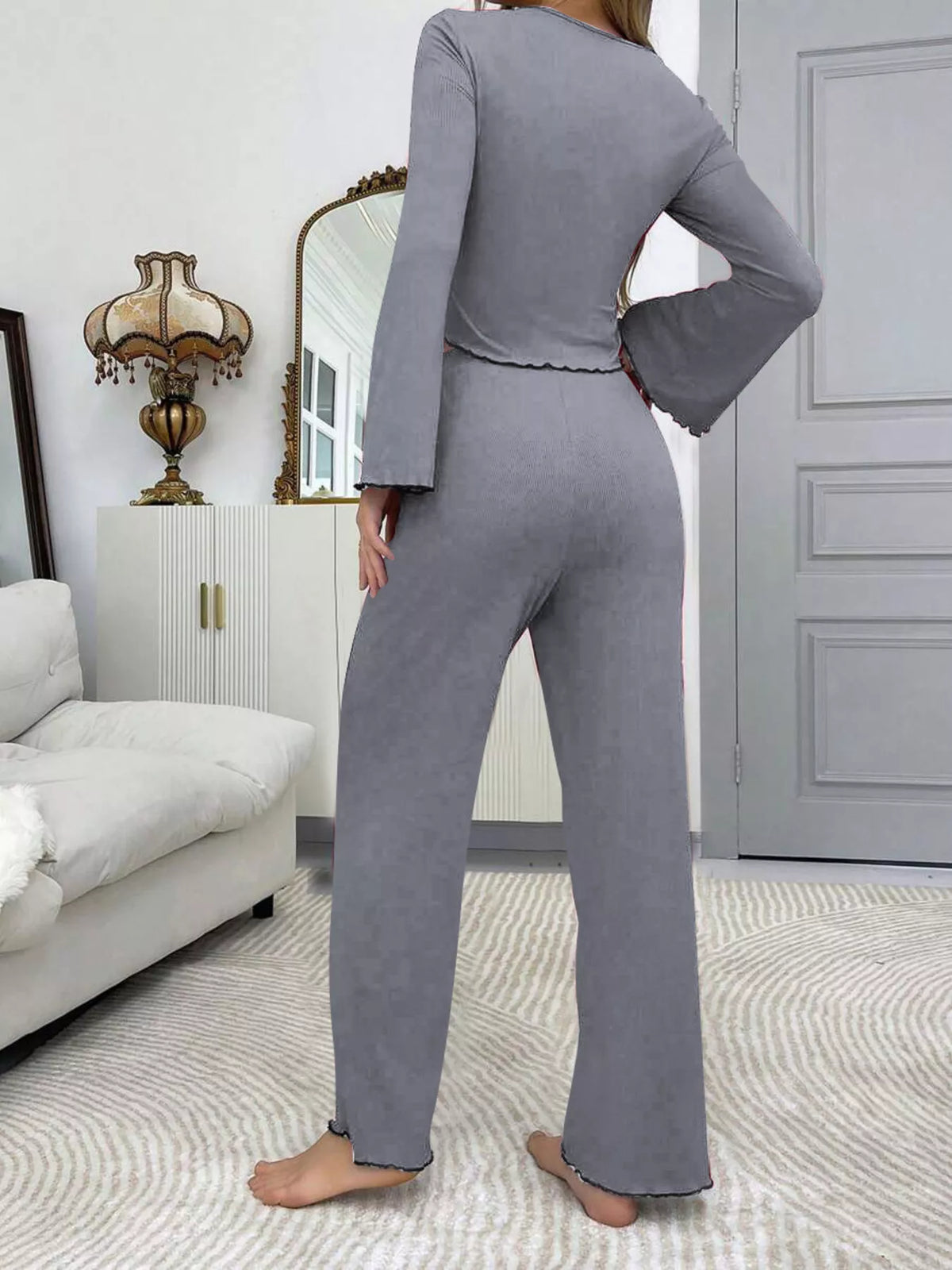Lace Detail Flare Sleeves Top and Pants Lounge Set
