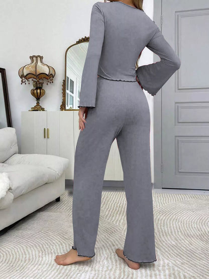 Lace Detail Flare Sleeves Top and Pants Lounge Set