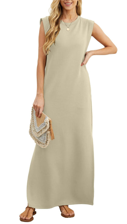 Women Round Neck Casual Loose Split Wrinkle-Free Long Maxi Beach Dress with Pockets