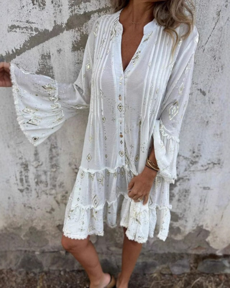 Gilded Lace Sleeve Hollow Bohemian Dress White S