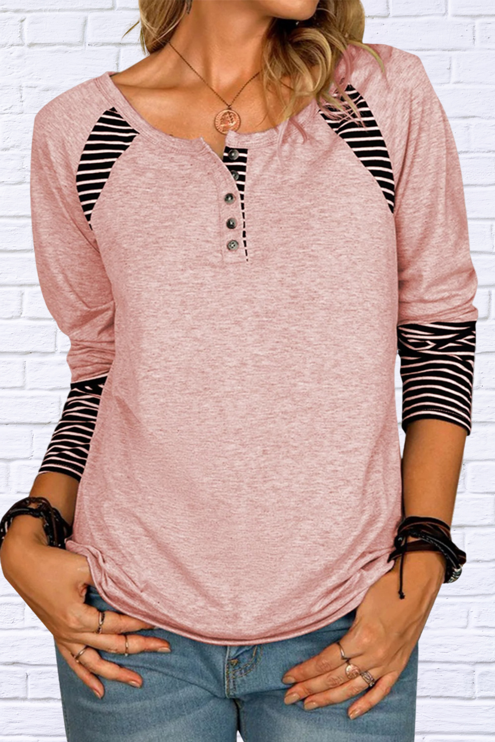 Full Size Striped Quarter Button Long Sleeve T-Shirt Dusty Pink