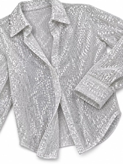 Full Size Sequin Button-Down Shirt Plus Size