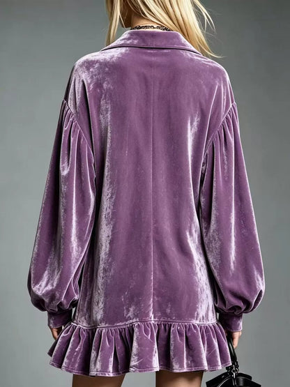 Full Size Velvet Long-Sleeve Ruffle Hem Mini Dress Plus Size