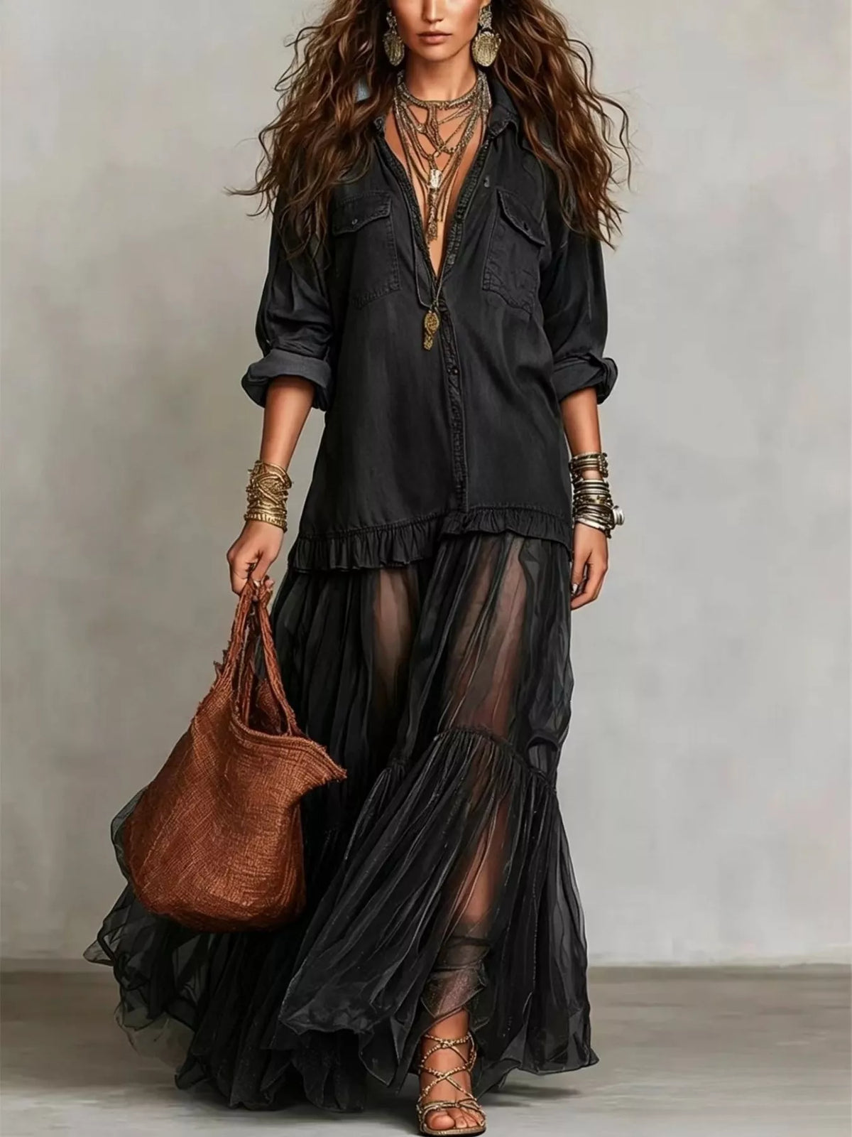 Full Size Sheer Tiered Long Sleeve Maxi Dress Plus Size
