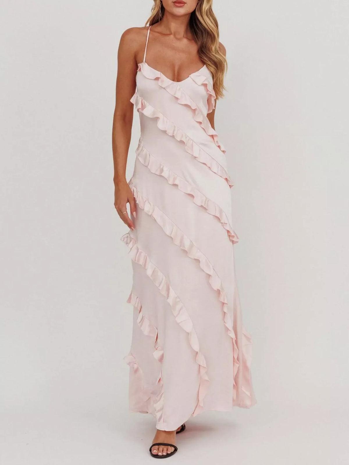 Spaghetti Strap Ruffled Maxi Dress for Women | Flowy Summer Dress with Zipper | Elegant Vacation & Evening Dress