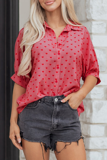 Red Heart Shape Print Half Sleeve Loose Valentine Shirt