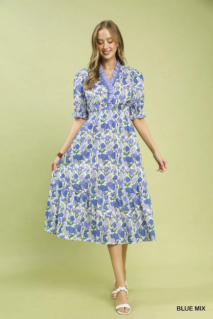 Umgee Floral Ruffle Trim Tiered Midi Dress