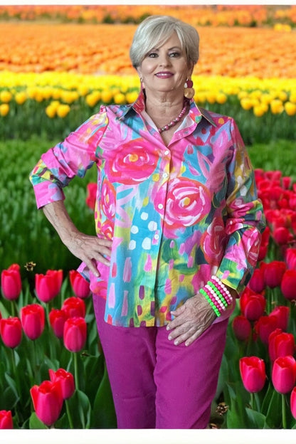Women’s Vibrant Multicolor Floral Print Casual Shirt – Bright, Chic, and Striking Extra Large