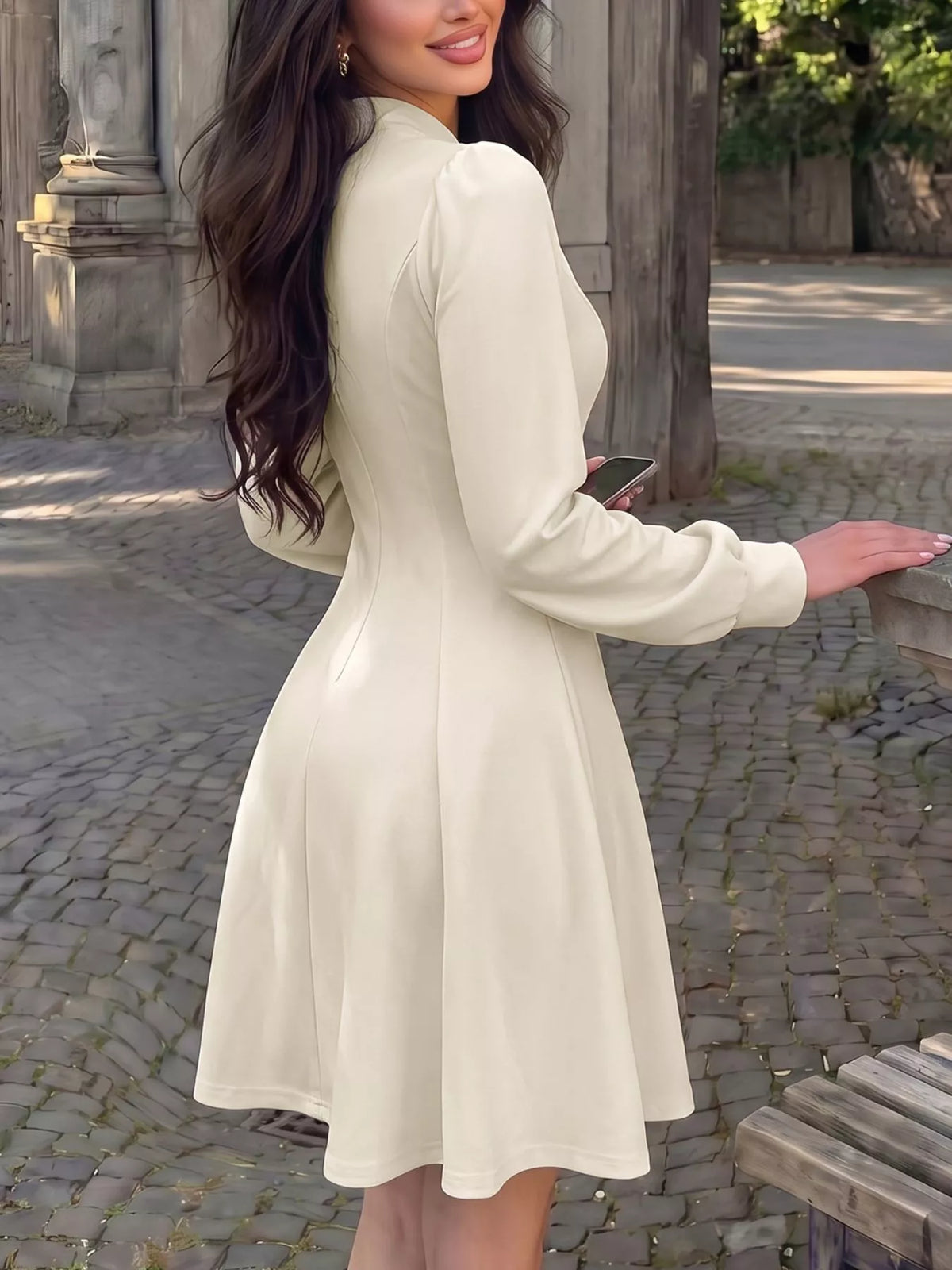 Keyhole Neckline Long Sleeve A-Line Mini Dress