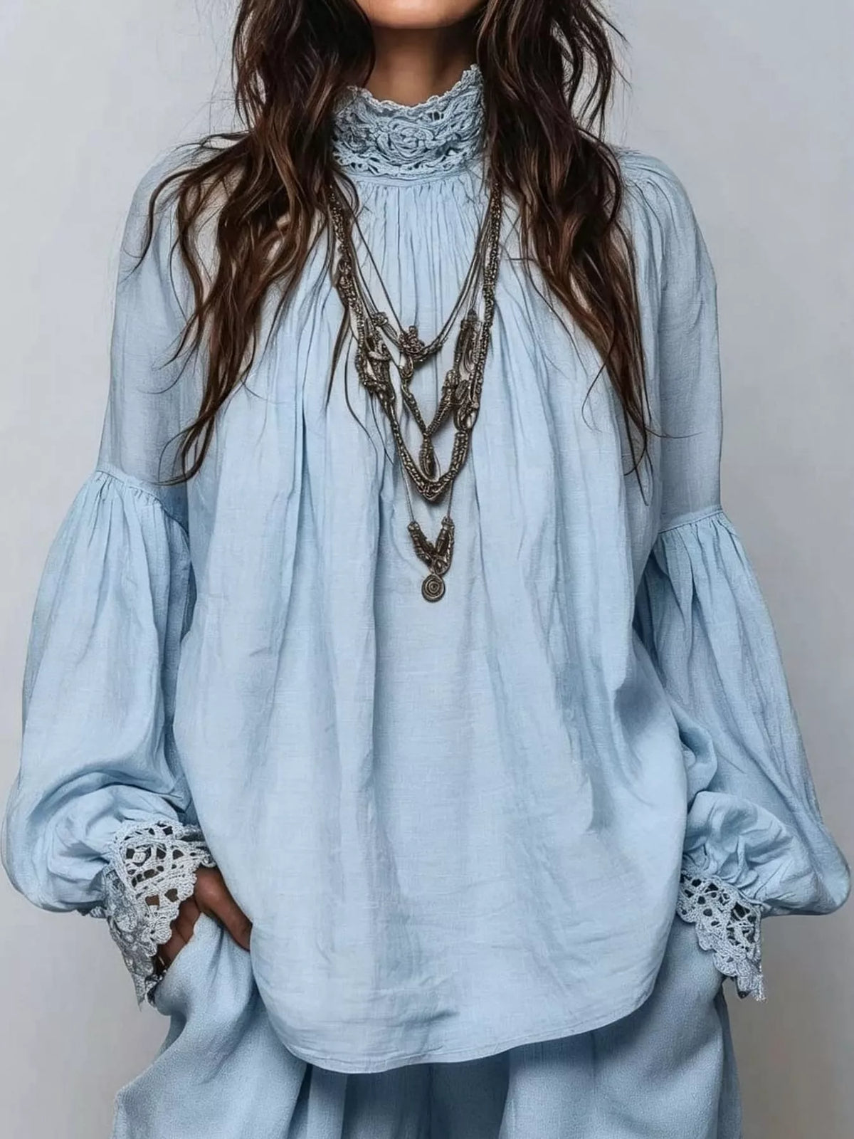 Full Size Lace Mock Neck Long Sleeve Blouse Plus Size