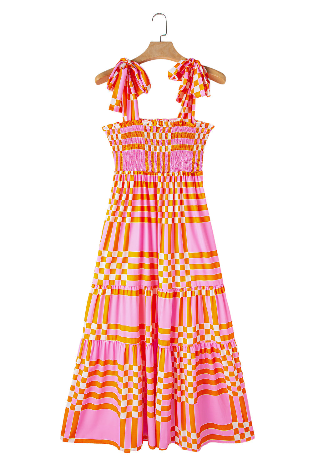 Pink Boho Gingham Tied Straps Smocked Maxi Dress