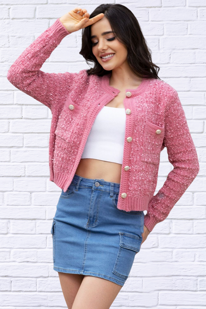 Button Up Round Neck Cardigan Hot Pink