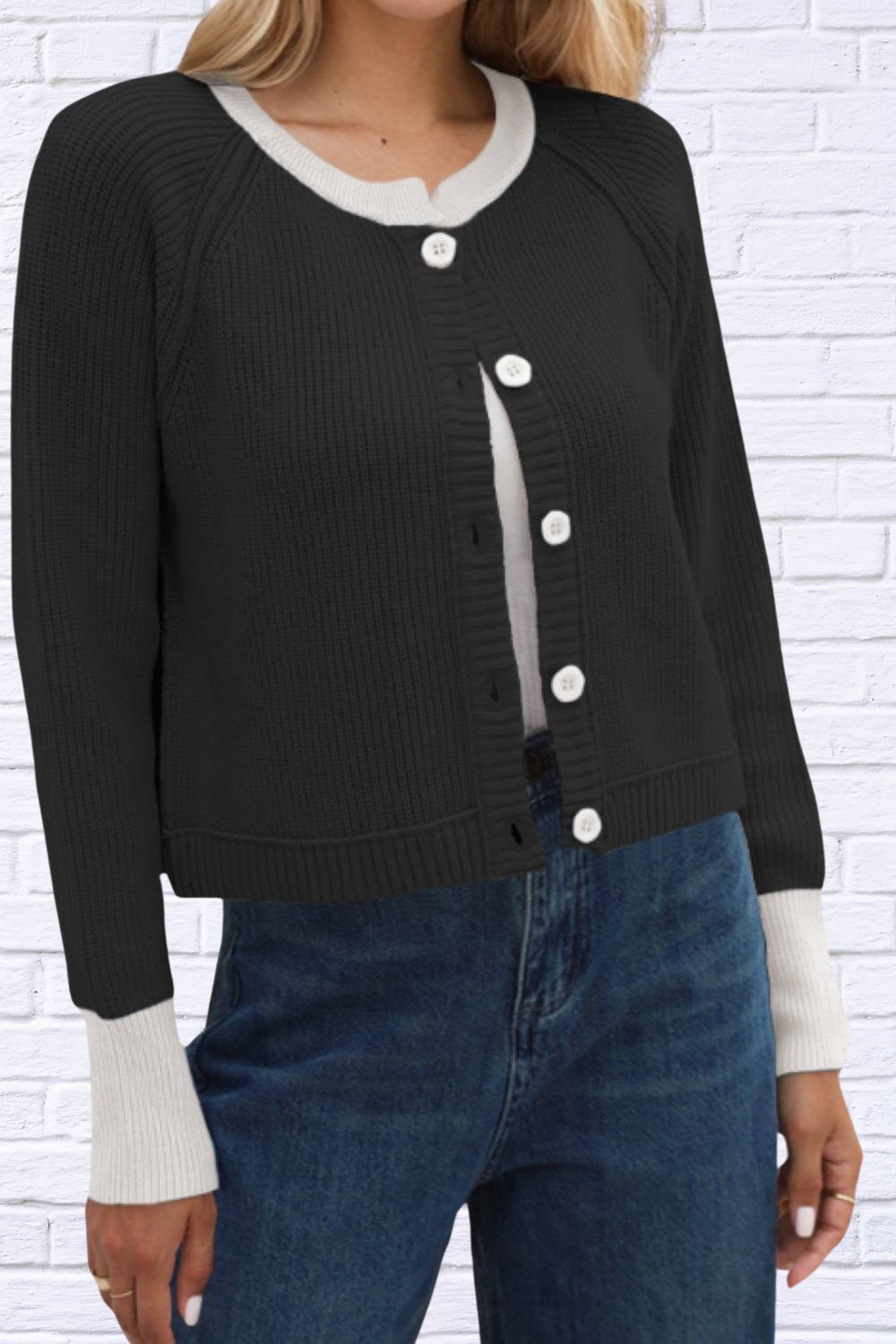 Contrast Button Up Long Sleeve Cardigan Black