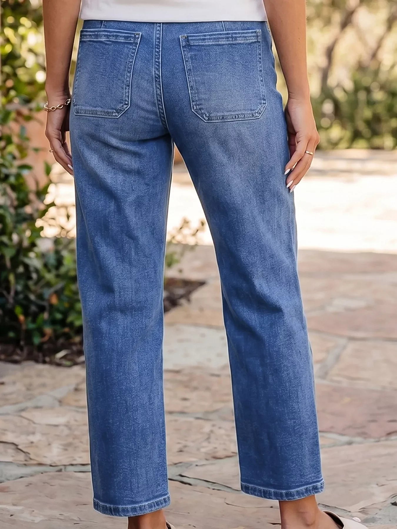 Drawstring Waist Ankle Length Casual Jeans Regular Fit Pocket Detail Jeans