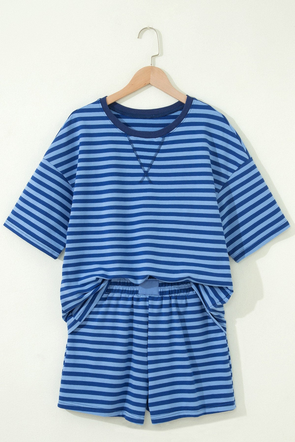 Green Stripe Striped Ribbed Cotton Two-Piece Pant Set with Chest Patch Detail