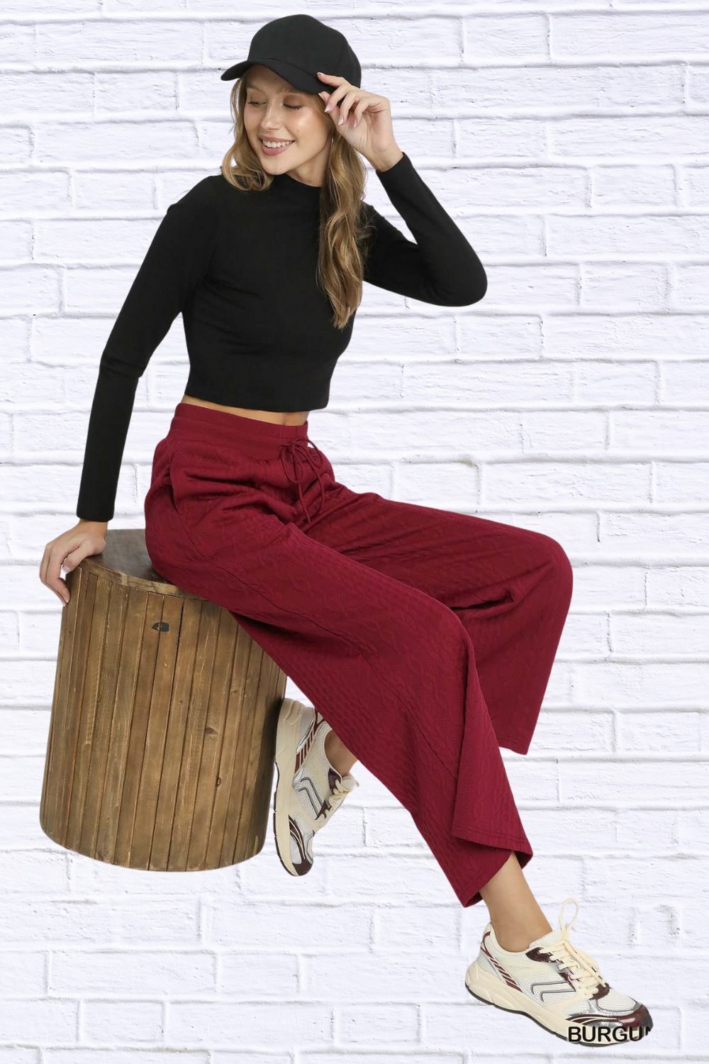 Burgundy Cable Knit Textured Wide Leg Pants