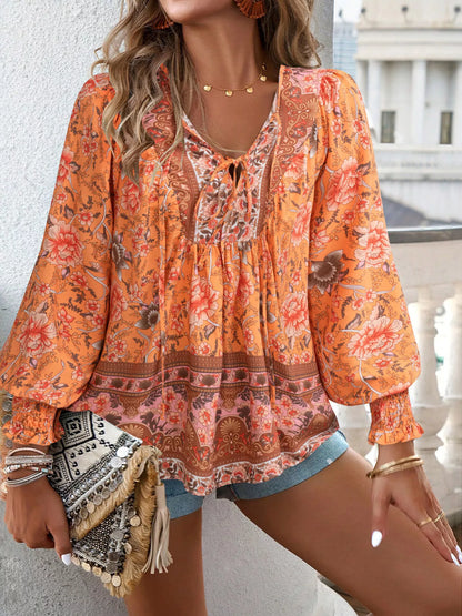 Floral Print Tie-Neck Blouse with Smocked Cuffs
