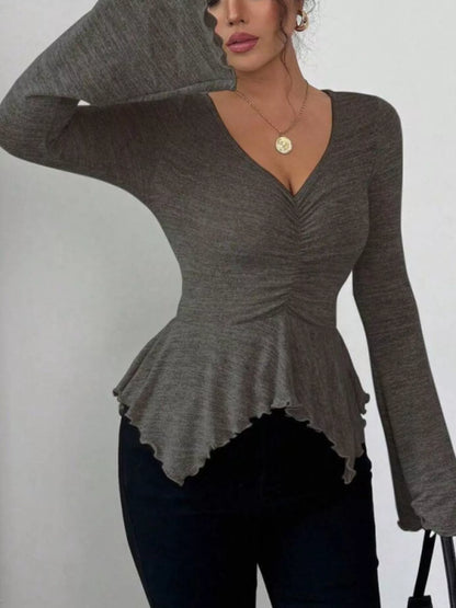 Ruched Flared Sleeves Peplum T-Shirt