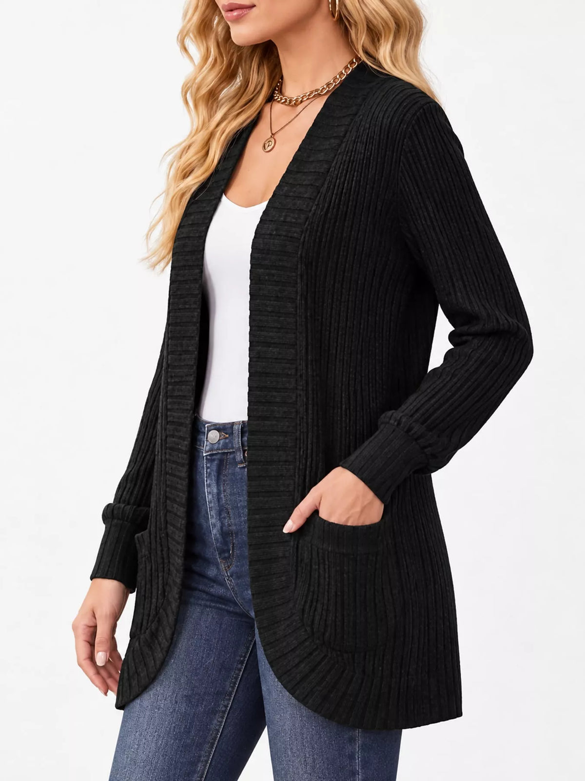 Full Size Classic Ribbed Open-Front Longline Cardigan Plus Size