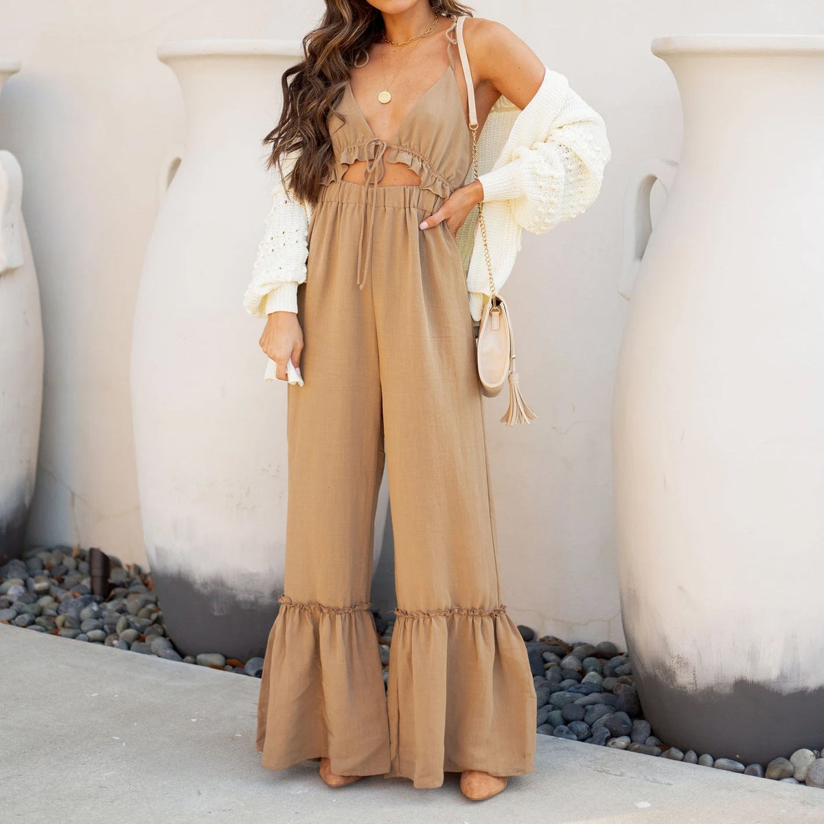 Solid Color Sexy Jumpsuit L Khaki