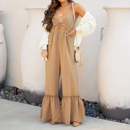 Solid Color Sexy Jumpsuit L Khaki