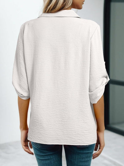 Johnny Collar Roll-Up Sleeve Blouse